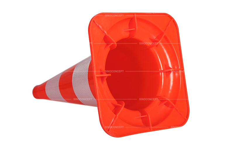 View of base details for 750mm reflective safety cone made of orange PVC as a temporary traffic management equipment